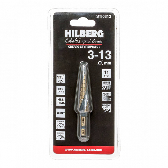 Сверло ступенчатое по металлу Hilberg HSS-Cobalt Impact Series 3-13 мм, артикул 