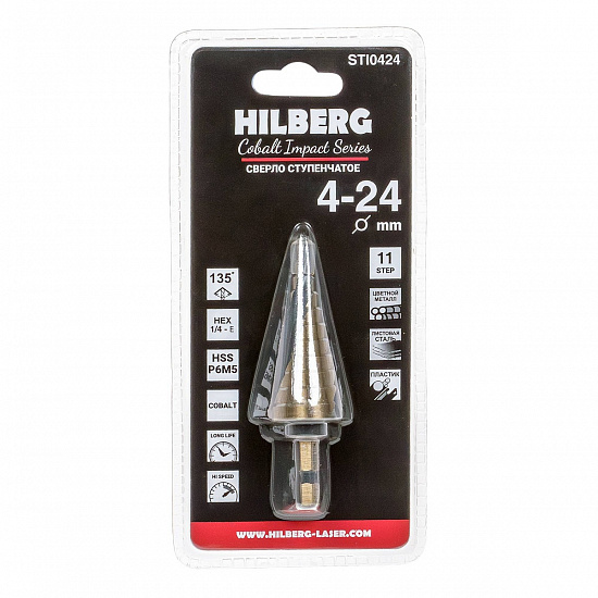 Сверло ступенчатое по металлу Hilberg HSS-Cobalt Impact Series 4-24 мм, артикул 