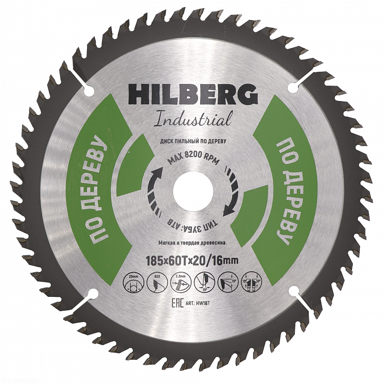 Пильный диск Hilberg Industrial Дерево 185 мм (60T), артикул 